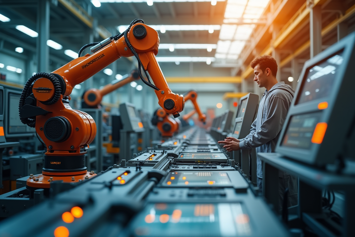 Bras robotique et opérateurs sur une chaîne de fabrication