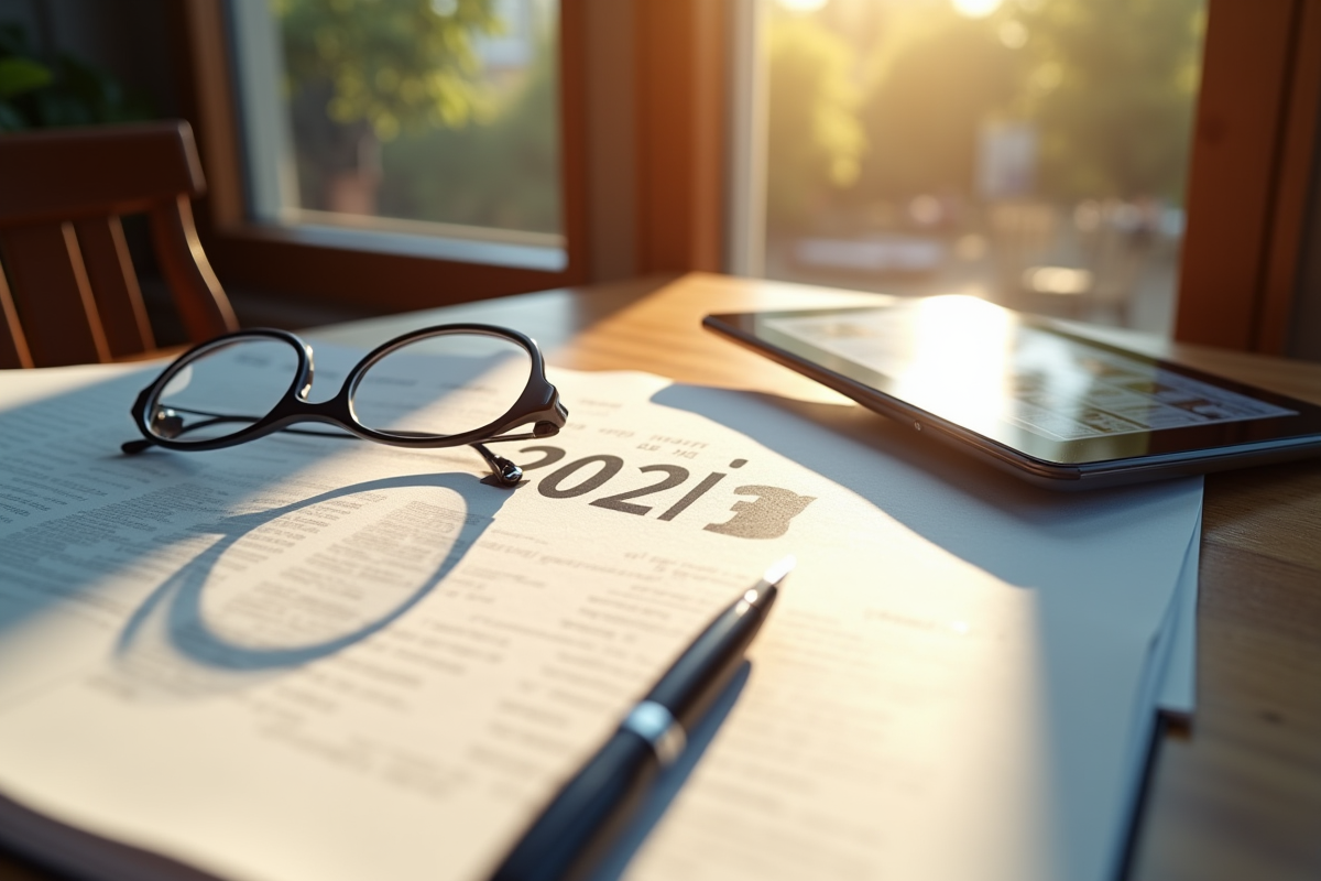 Bureau avec documents loi 2025 et tablette numérique
