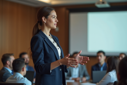 Femme confiante en costume navy lors d'une présentation