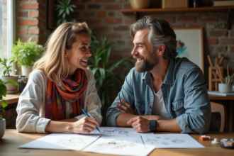 Femme et artiste en discussion dans un studio créatif