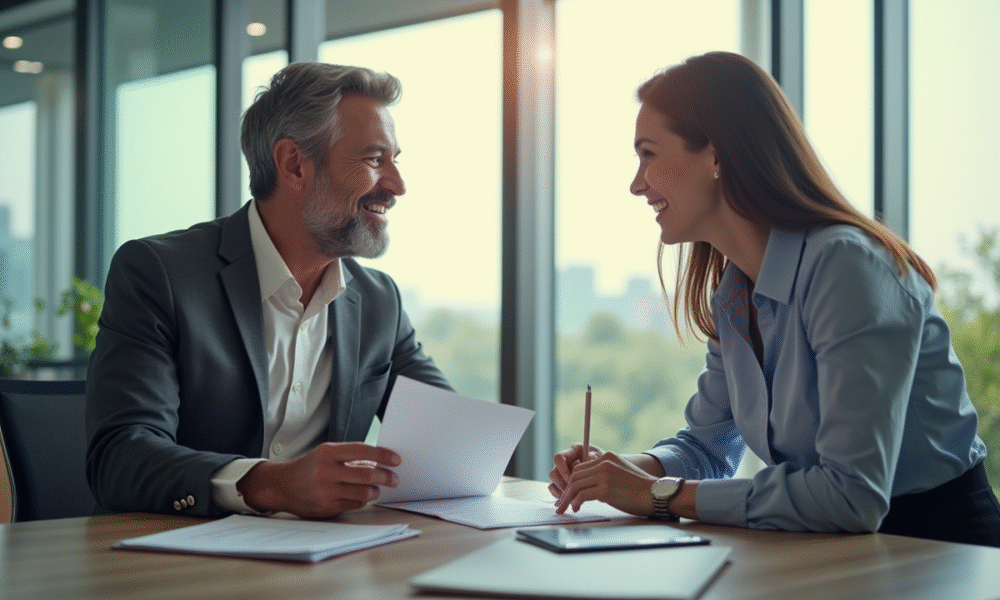 Homme d'âge moyen et jeune femme discutant au bureau