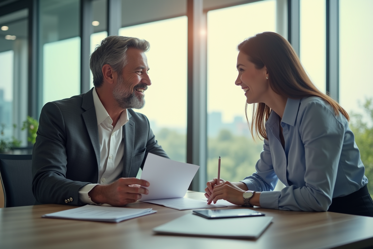 Homme d'âge moyen et jeune femme discutant au bureau