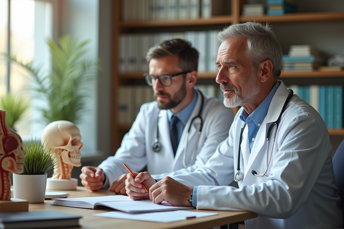 Osteopathe discutant du diagnostic avec un patient dans un bureau ensoleille