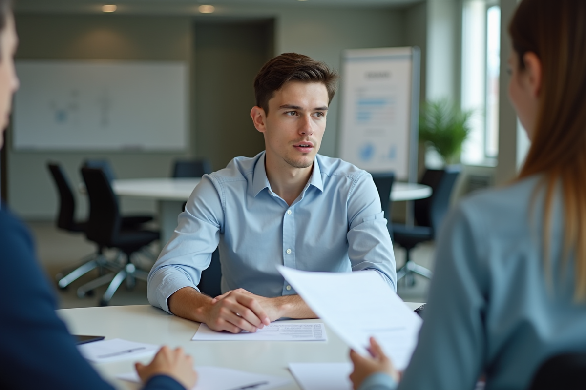 Jeune homme discutant rapports lors d une réunion