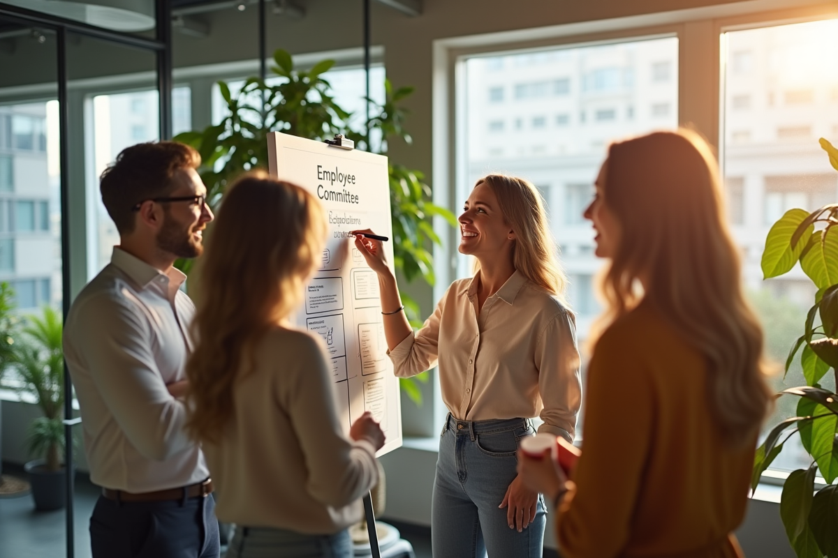 Employes souriants pincent des idees sur une affiche