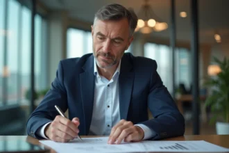 Homme d'affaires en costume bleu examine des documents financiers