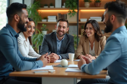 Groupe de professionnels en réunion dans un bureau moderne