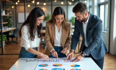 Equipe de professionnels discutant de graphiques marketing colorés