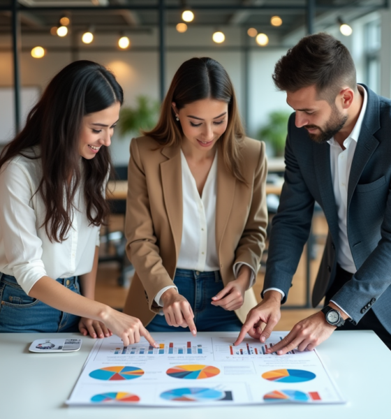 Equipe de professionnels discutant de graphiques marketing colorés