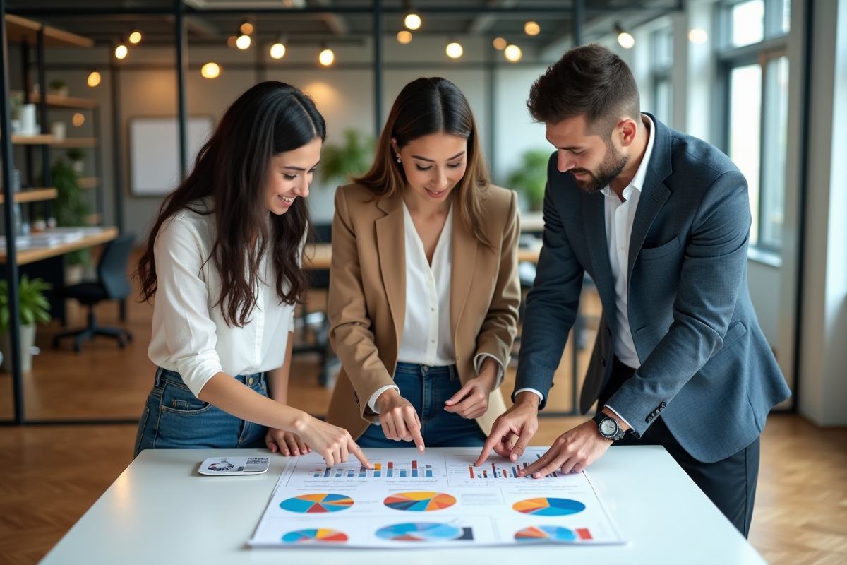 Equipe de professionnels discutant de graphiques marketing colorés