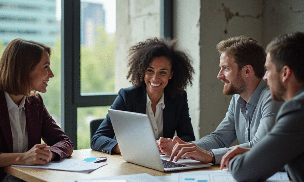 Groupe de professionnels en réunion marketing dynamique