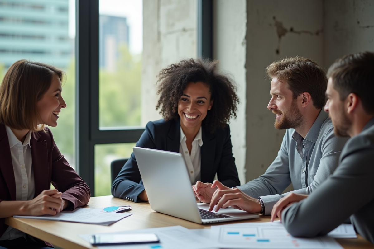 Groupe de professionnels en réunion marketing dynamique
