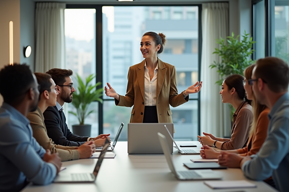 Groupe de collègues en réunion dans un espace ouvert