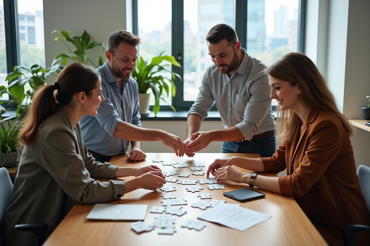 Equipe de travail collaborant autour d un puzzle bancaire