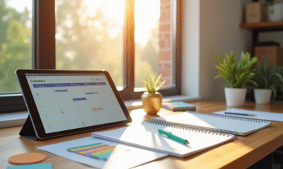 Espace de travail lumineux avec planners et tablette pour organiser