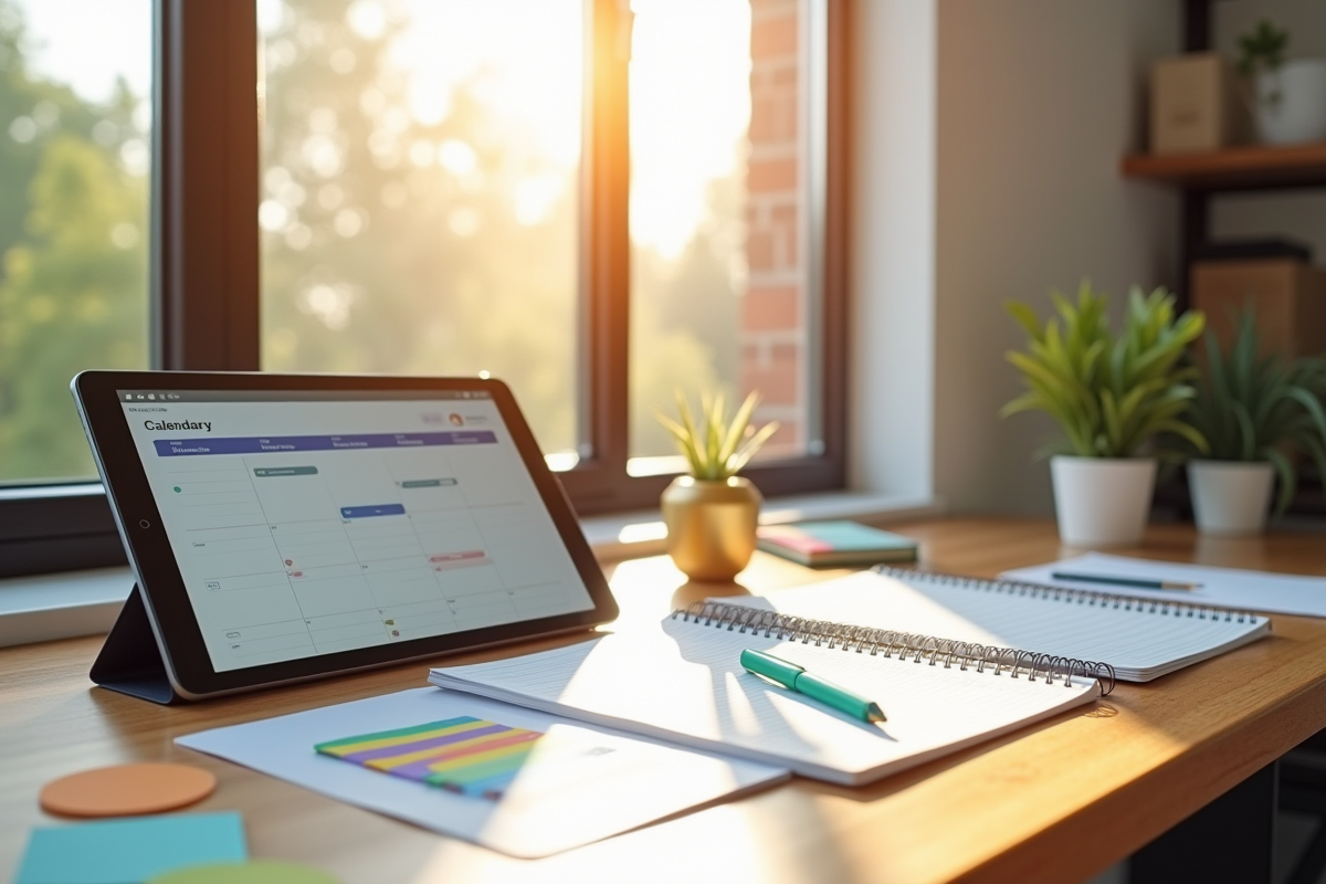 Espace de travail lumineux avec planners et tablette pour organiser