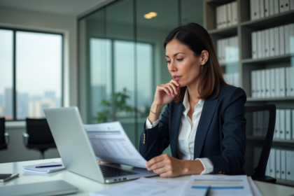 Femme d affaires au bureau examinant des relevés bancaires