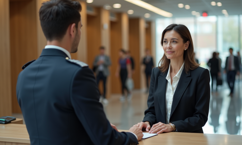Femme d affaires parlant à un officiel dans un hall moderne