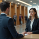 Femme d affaires parlant à un officiel dans un hall moderne