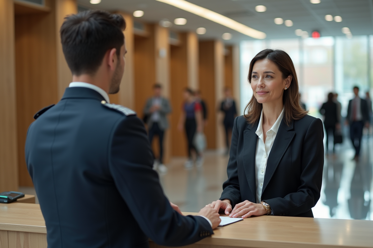 Femme d affaires parlant à un officiel dans un hall moderne