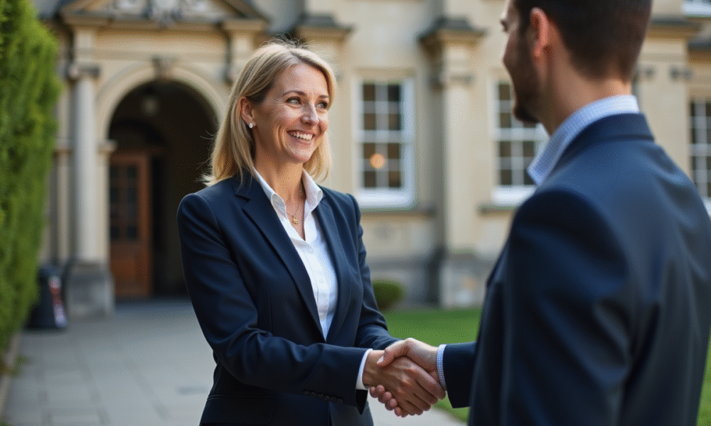 Femme d'affaires en costume navy devant un bâtiment historique