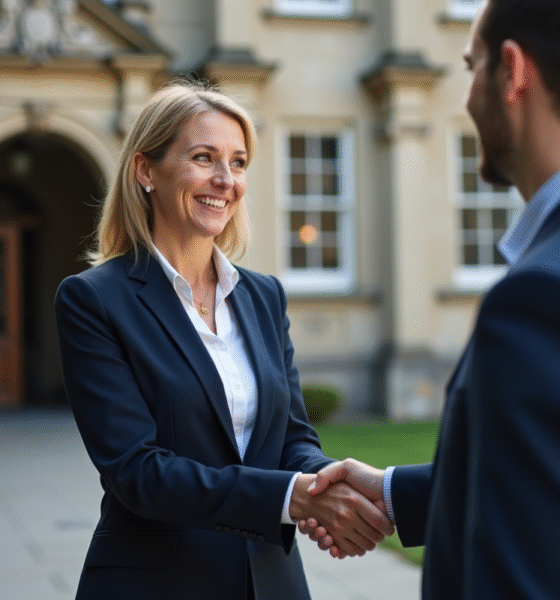 Femme d'affaires en costume navy devant un bâtiment historique