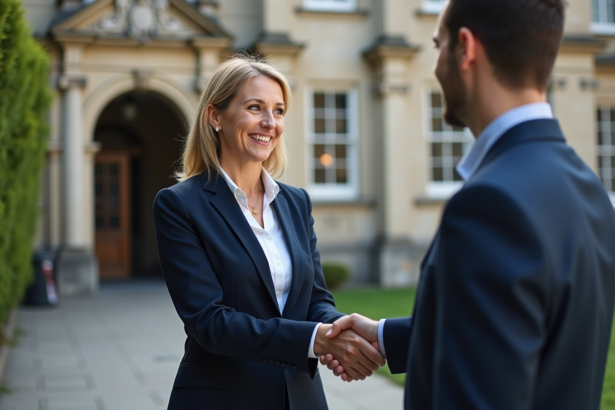 Femme d'affaires en costume navy devant un bâtiment historique