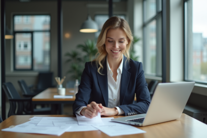 Femme d affaires souriante vérifiant factures au bureau