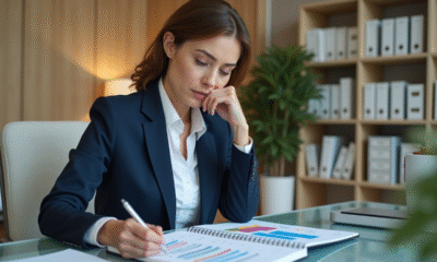 Femme d'affaires en costume bleu dans un bureau organisé