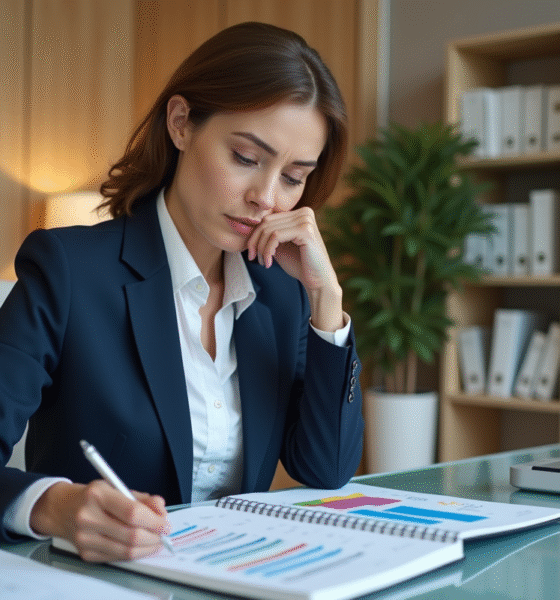 Femme d'affaires en costume bleu dans un bureau organisé