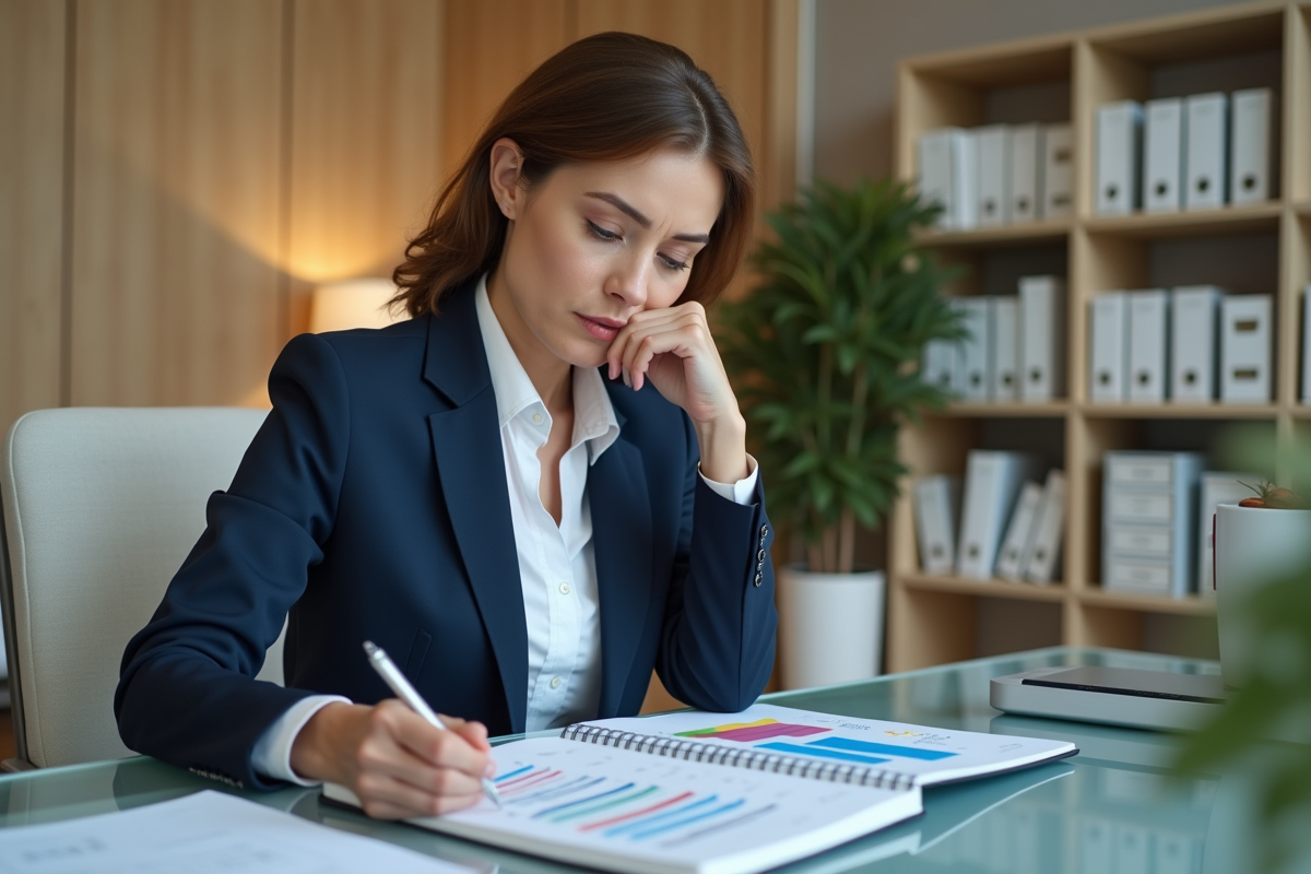 Femme d'affaires en costume bleu dans un bureau organisé