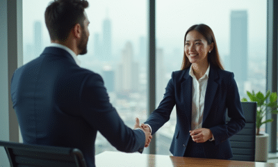 Jeune femme d'affaires serre la main d'un employeur dans un bureau moderne