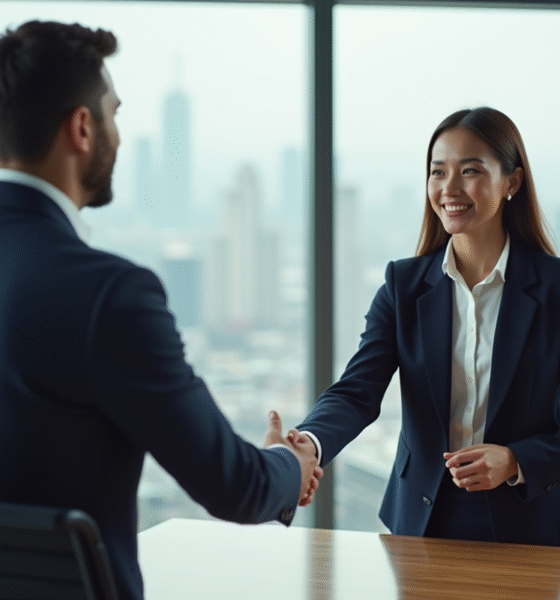 Jeune femme d'affaires serre la main d'un employeur dans un bureau moderne