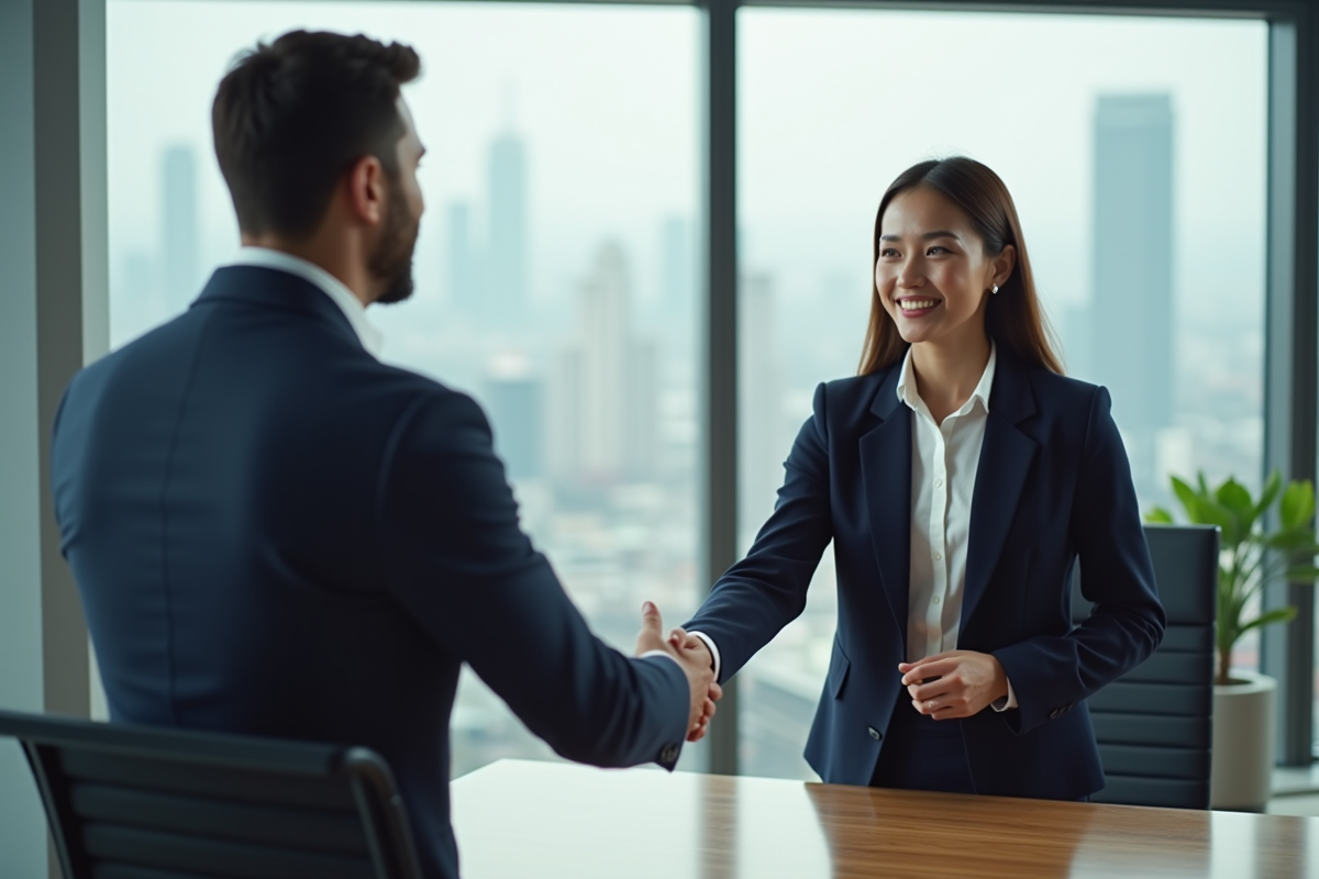 Jeune femme d'affaires serre la main d'un employeur dans un bureau moderne
