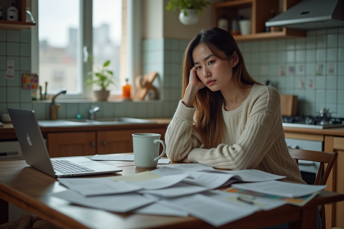 Jeune femme préoccupée devant ses factures à la maison