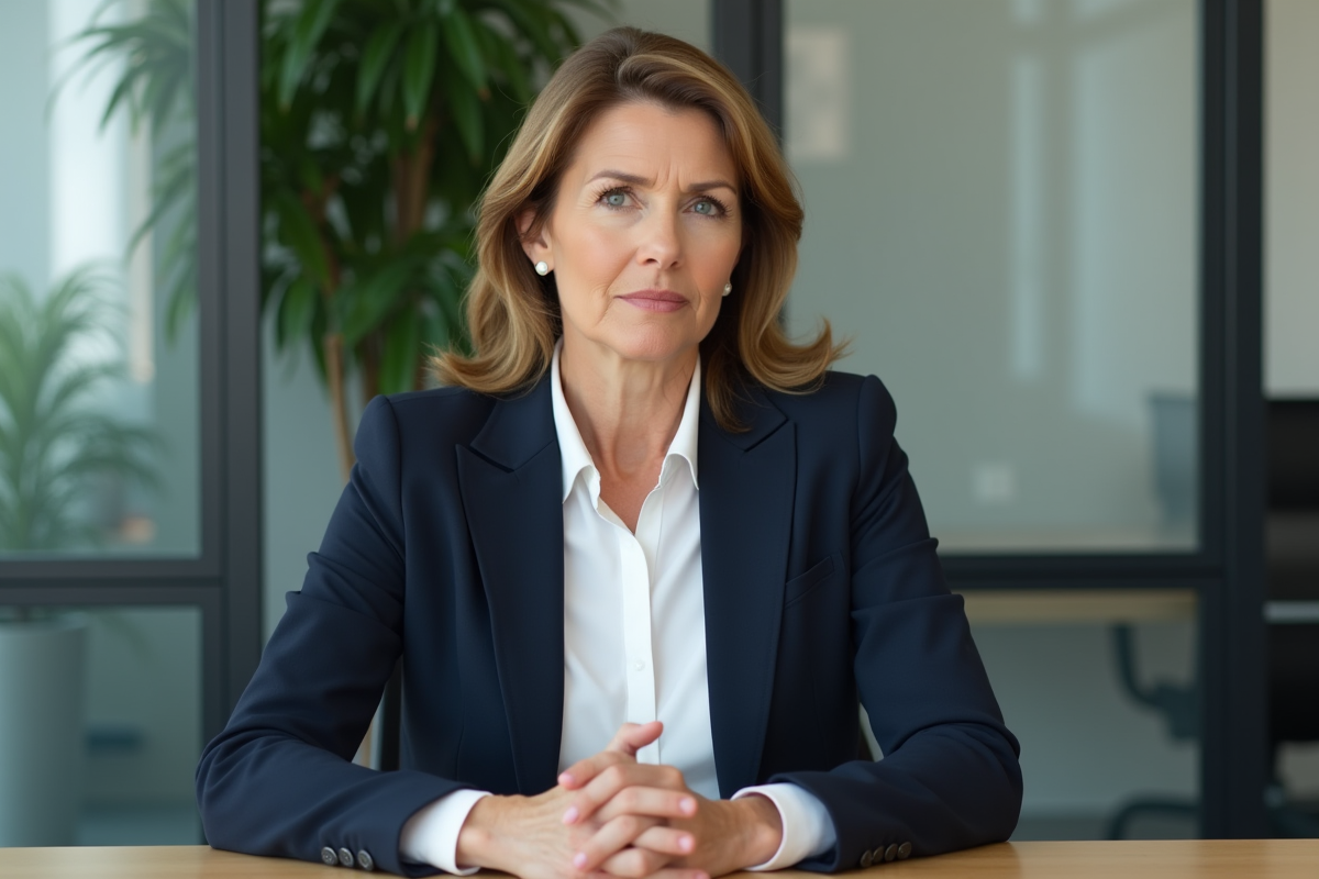Femme d'âge moyen en blazer navy dans un bureau moderne