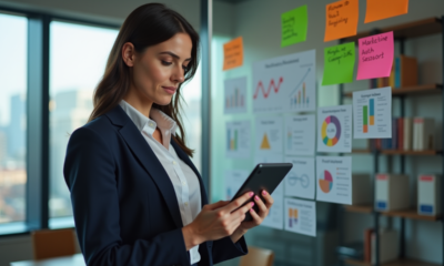 Femme en tenue professionnelle analysant des données dans un bureau moderne