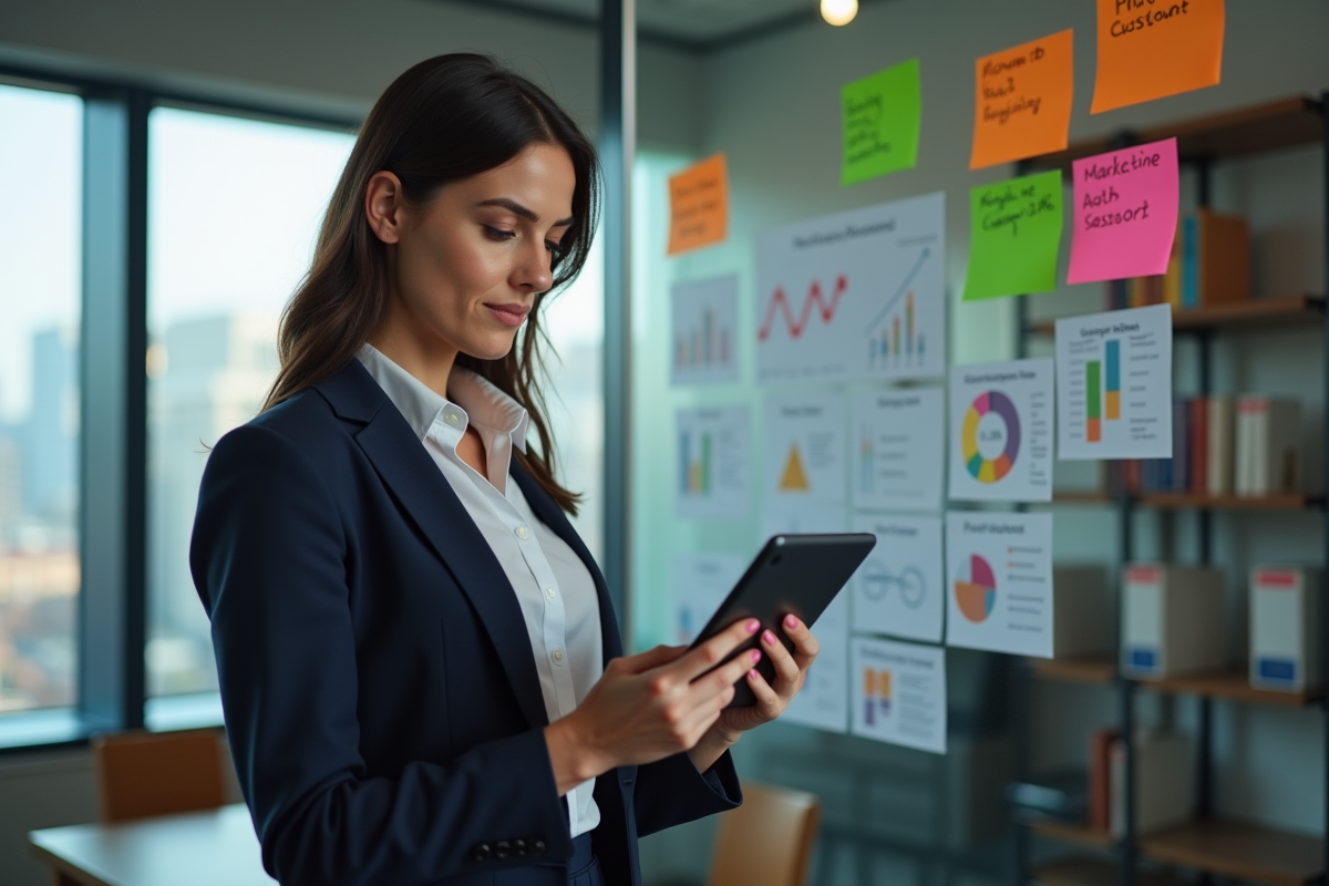 Femme en tenue professionnelle analysant des données dans un bureau moderne