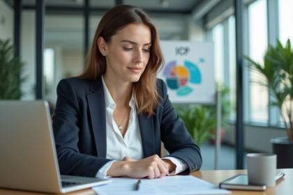 Jeune femme en bureau regardant une infographie ICP sur son ordinateur