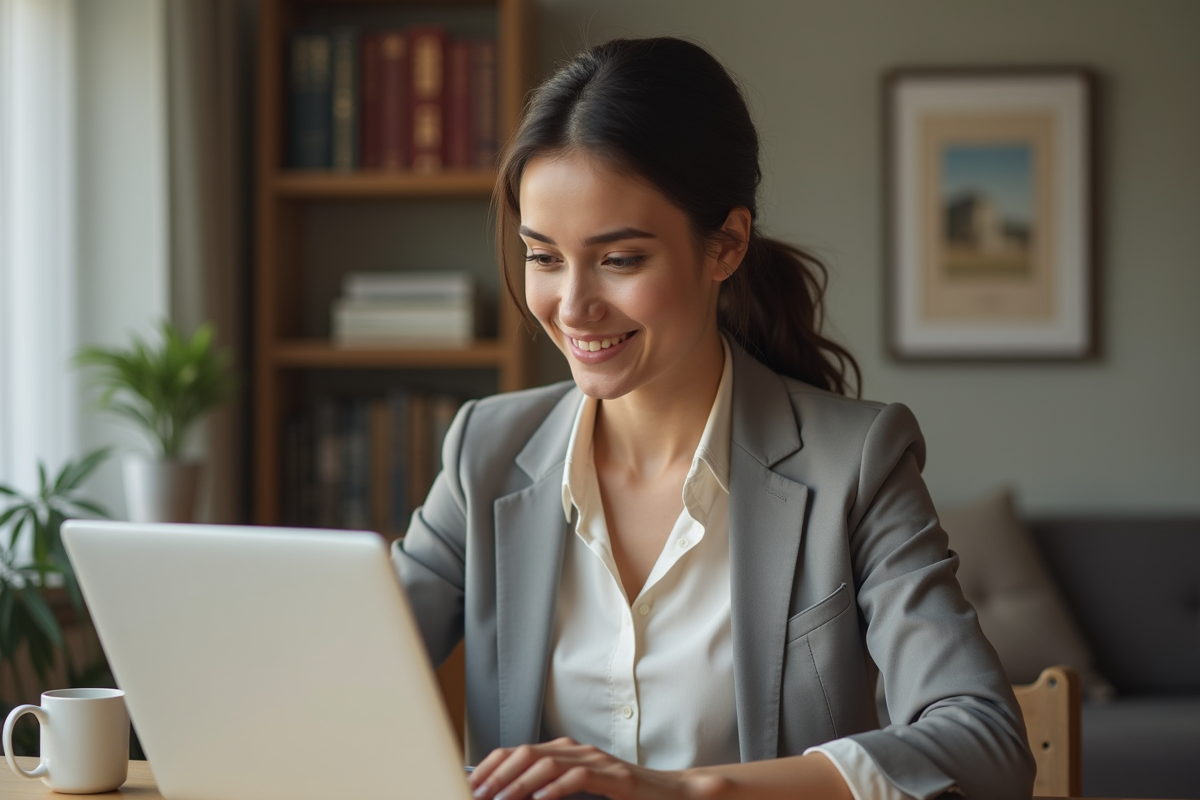 Jeune femme travaillant sur son ordinateur à domicile