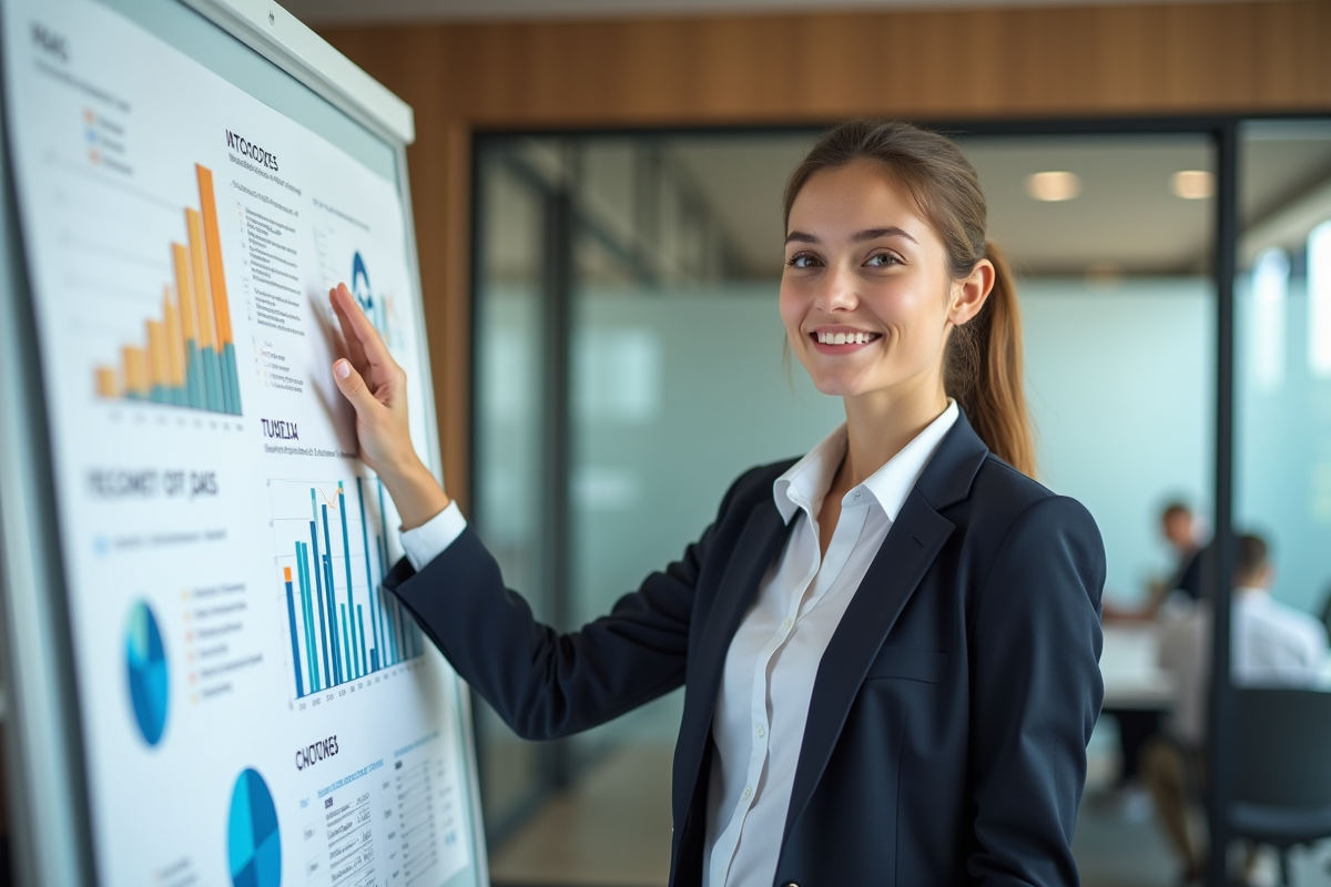Jeune femme comptable expliquant des graphiques sur whiteboard