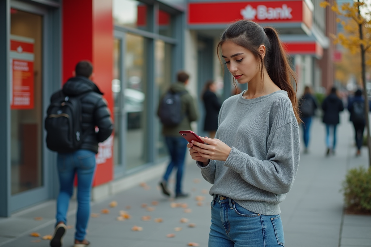 Jeune femme avec smartphone et portefeuille crypto en ville