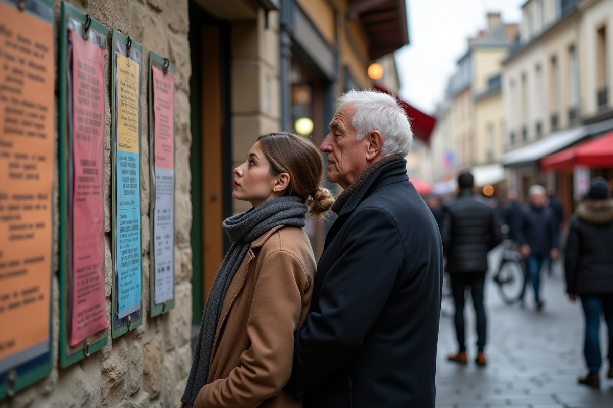 Jeune femme et homme âgé observant une affiche lors d