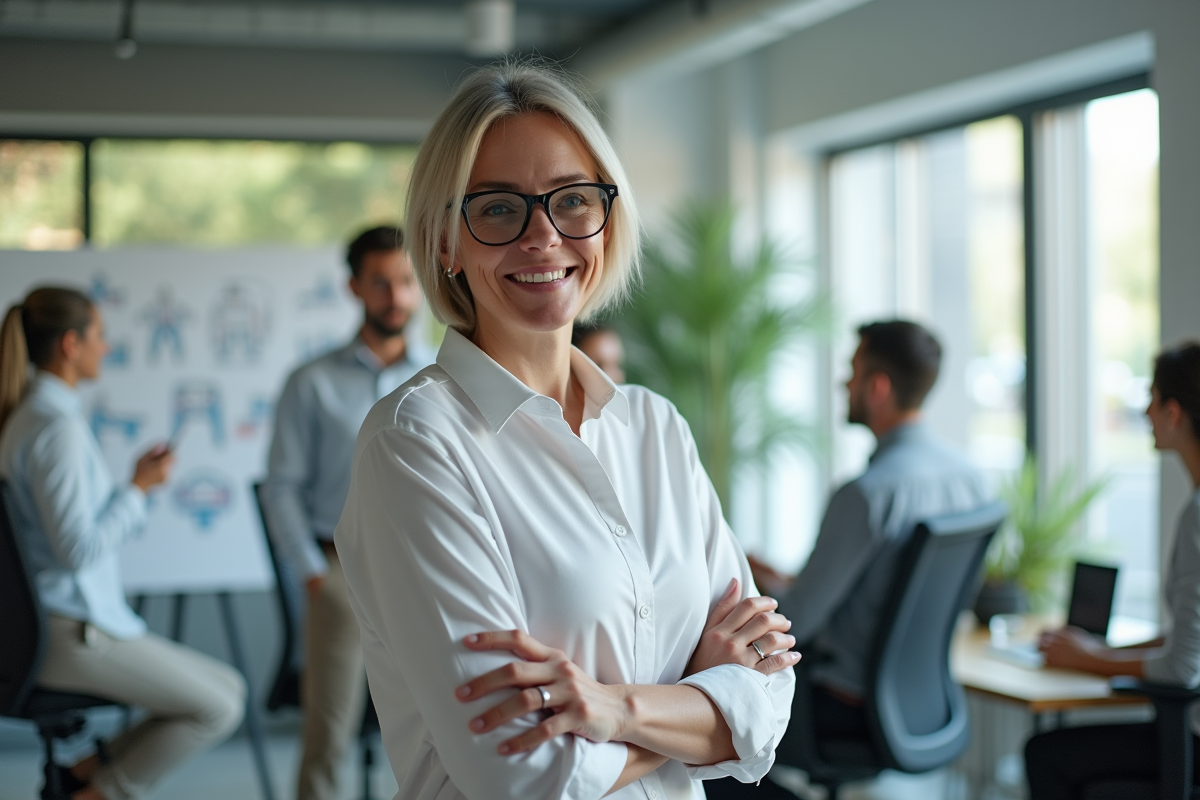 Femme en business casual expliquant des diagrammes ergonomiques