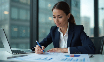 Femme daffaires en costume bleu analysant des graphiques