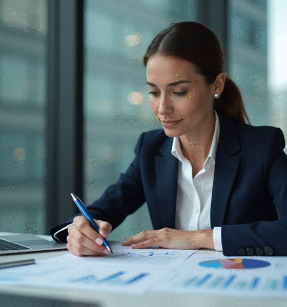 Femme daffaires en costume bleu analysant des graphiques
