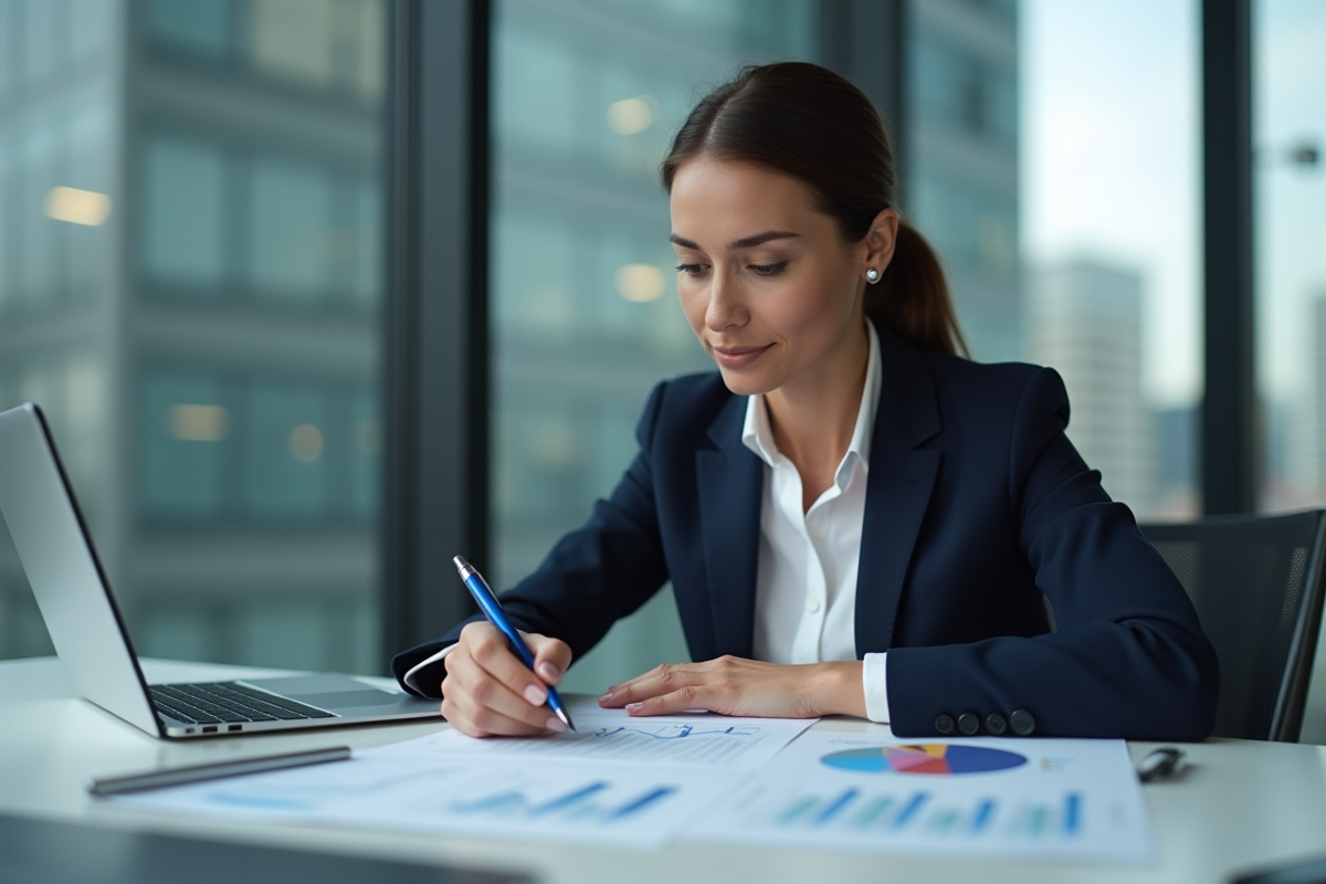 Femme daffaires en costume bleu analysant des graphiques