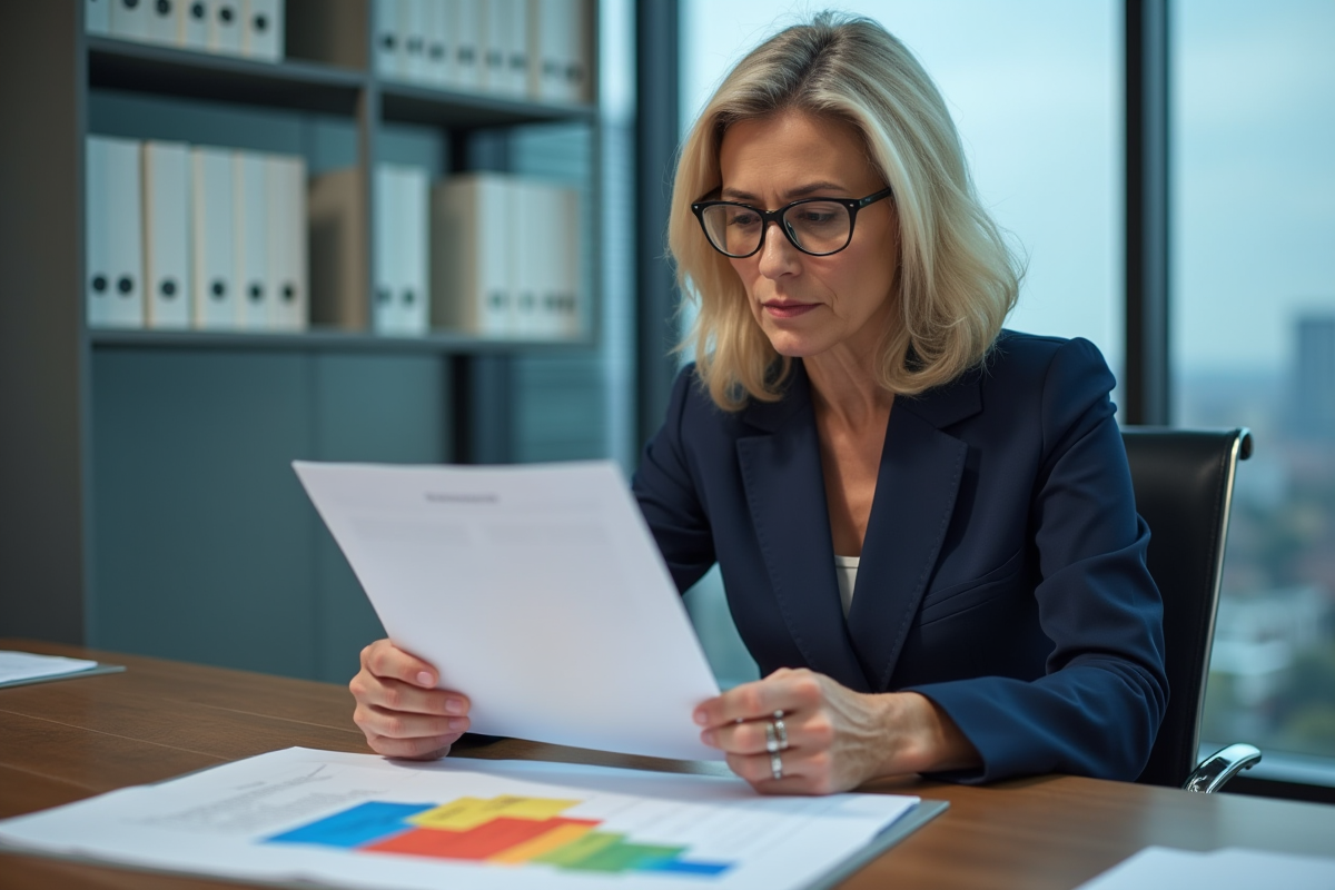 Femme gestionnaire analysant un graphique sur risques professionnels