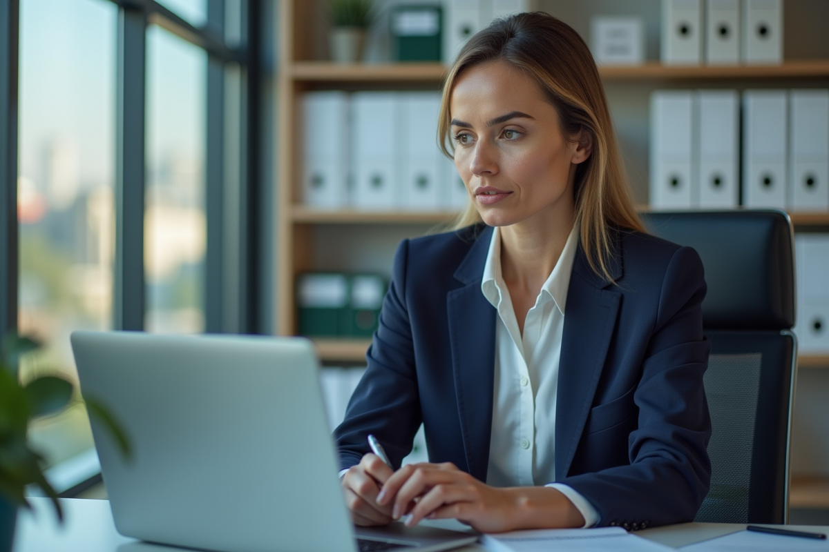 Femme en costume analysant des profils clients sur son ordinateur