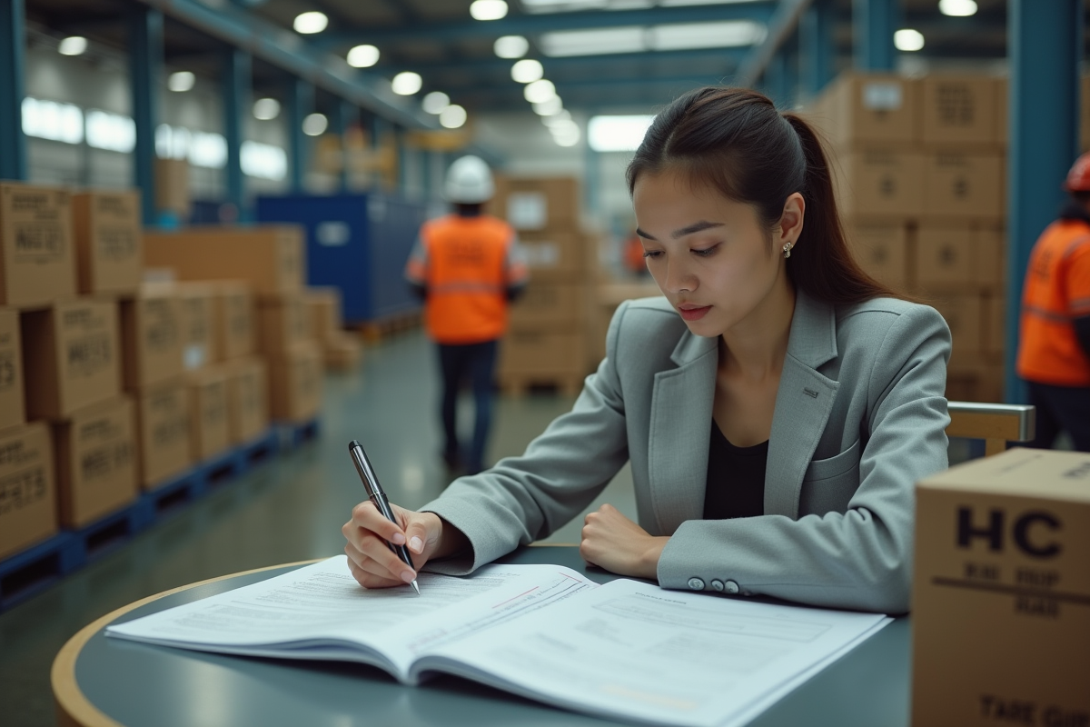 Jeune femme inspectant un manifeste dans un port international